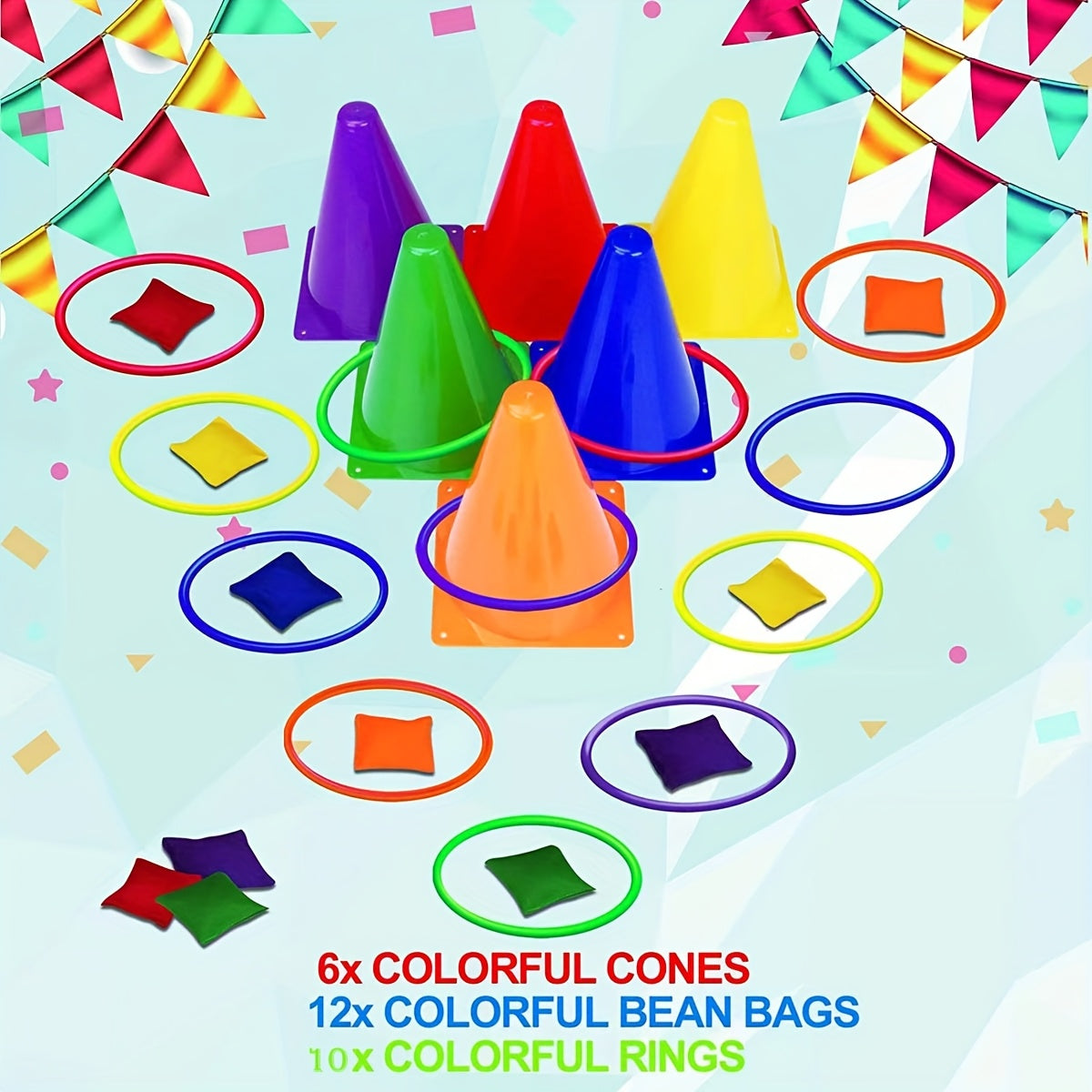 Buntes Ringwurf-Set – Kegel, Ringe und Stoffbeutel für Familienspaß