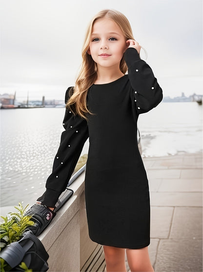 Elegante Mädchen Bodycon Kleid – Lange Ärmel mit Puffärmeln und Perlendetails
