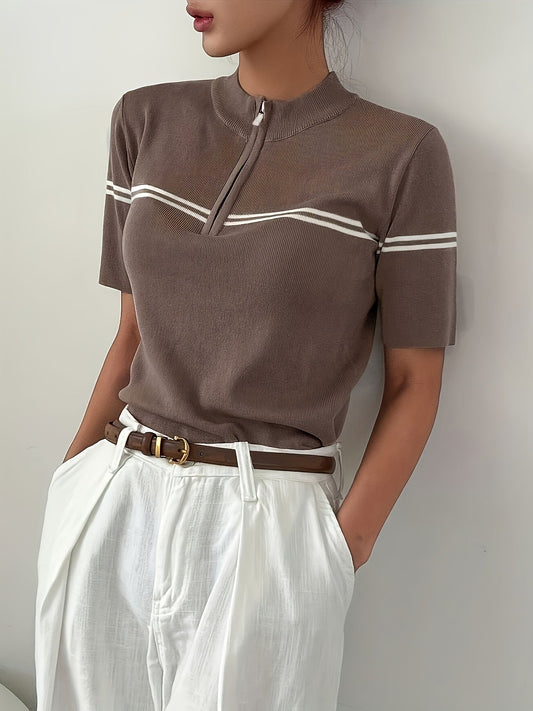 Damen Gestreiftes Polo-Shirt mit Reißverschlussdetail – Leichtes Sommer Casual Top