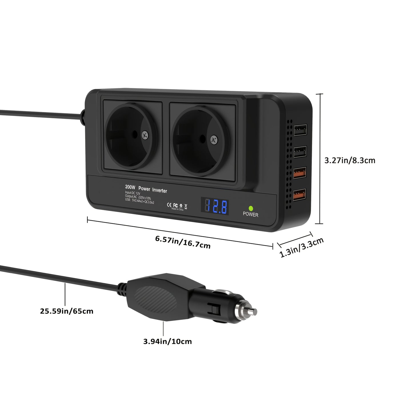 Kompakter 200W Auto-Stromwandler – Dual-Steckdosen & Quad USB