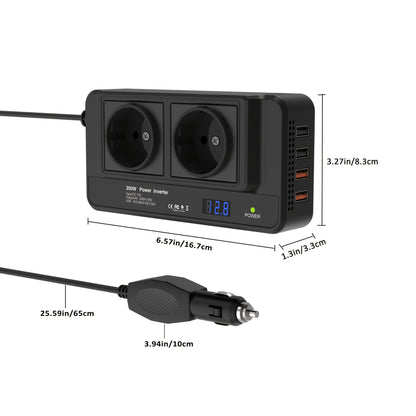 Kompakter 200W Auto-Stromwandler – Dual-Steckdosen & Quad USB