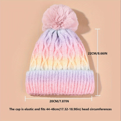 Lana Regenbogen Beanie für Mädchen – Strickmütze mit Pompon und dickem Material für den Winter