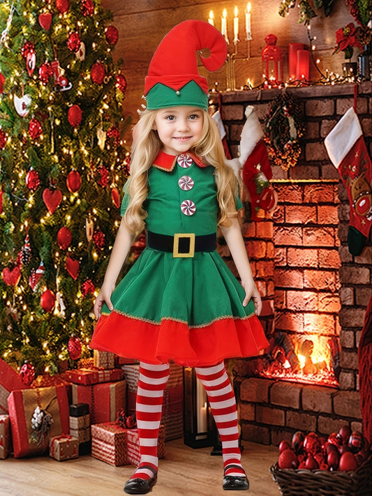 Mila's Magisches Weihnachts-Elfenoutfit für Kinder - Inklusive Kleid, Hut, Socken und Gürtel