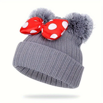 Sanne Niedlicher Minnie Hut für Kinder – Gestrickte Beanie mit Schleife und Pompons