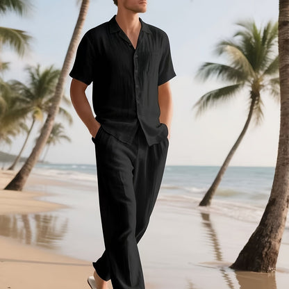 Herren Casual Leinen Set – Bequem und Luftig mit Langer Hose und Kurzen Ärmeln