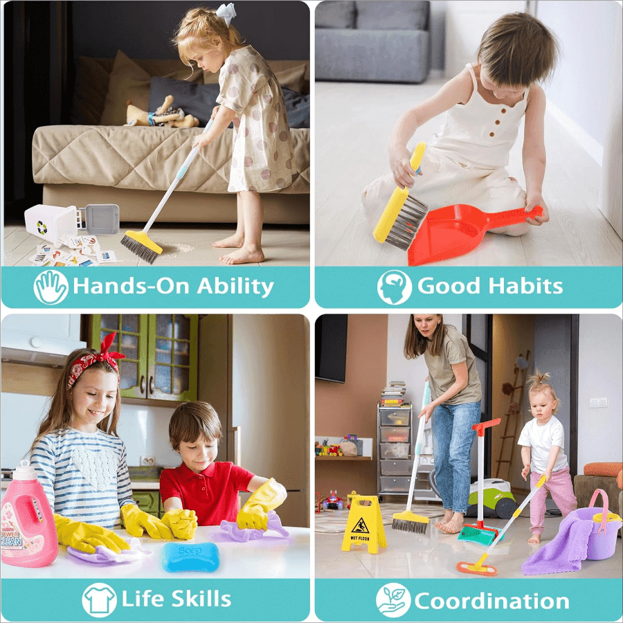Reinigungs-Spielset für Kinder – Verstellbarer Mop, Besen und Kehrschaufel