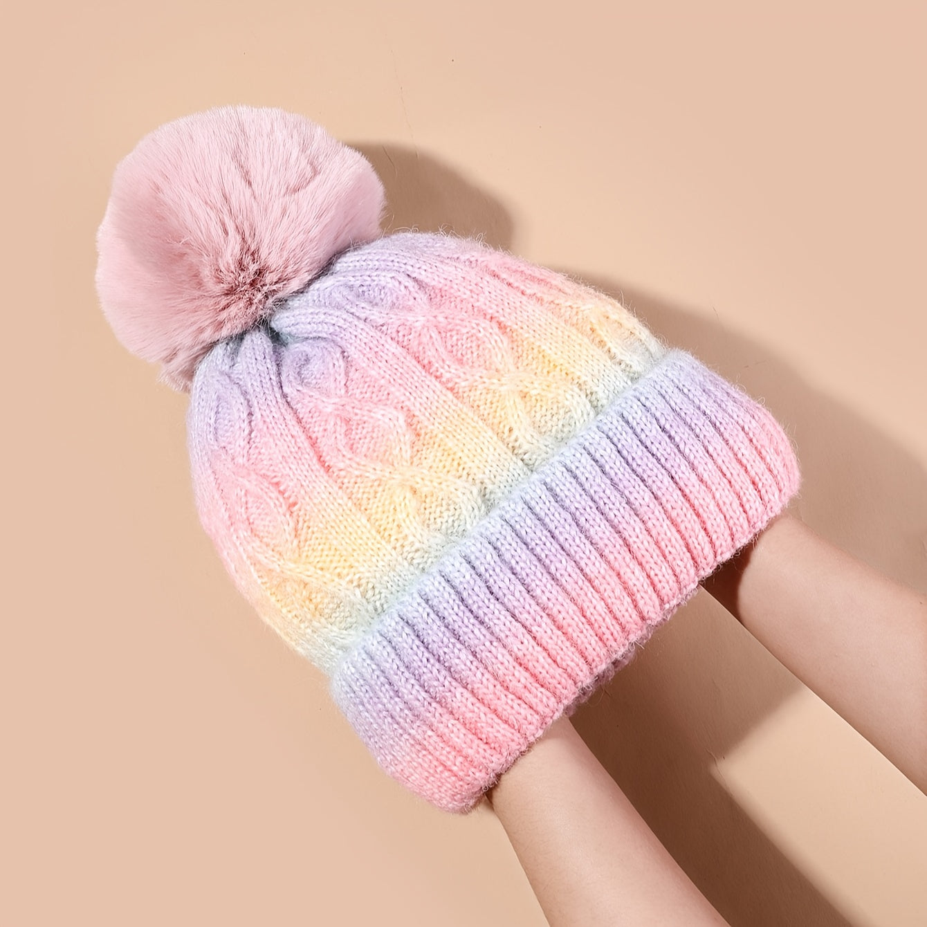 Lana Regenbogen Beanie für Mädchen – Strickmütze mit Pompon und dickem Material für den Winter