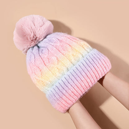 Lana Regenbogen Beanie für Mädchen – Strickmütze mit Pompon und dickem Material für den Winter