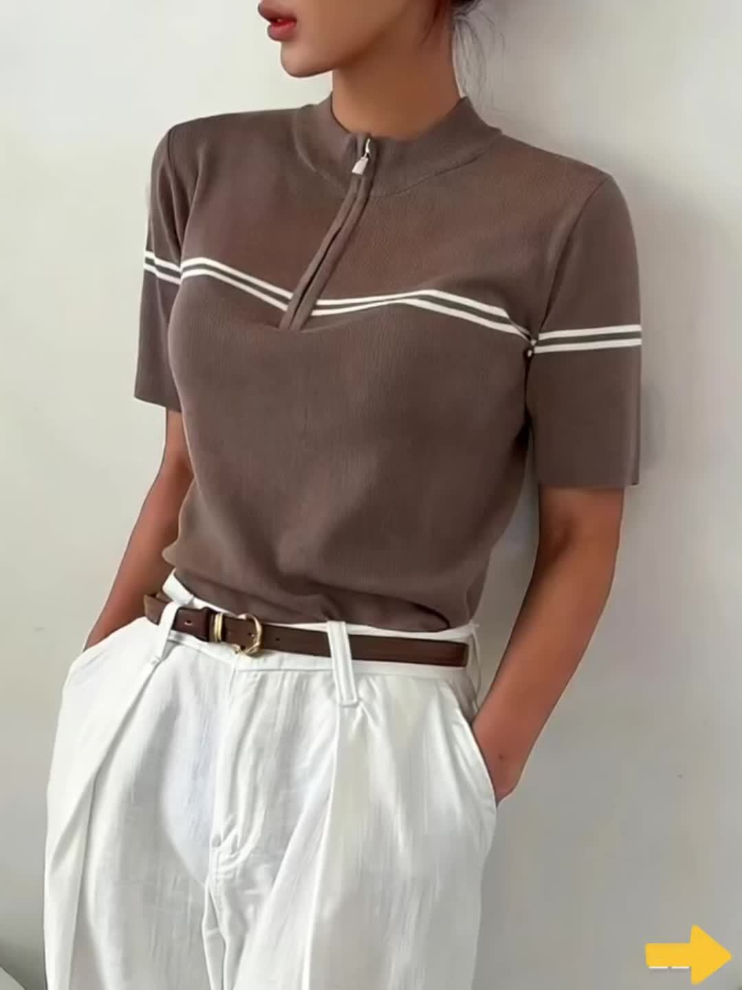 Damen Gestreiftes Polo-Shirt mit Reißverschlussdetail – Leichtes Sommer Casual Top