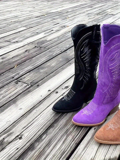 Damen Bestickte Cowboy-Stiefel mit Spitzennase und Mittelabsätzen