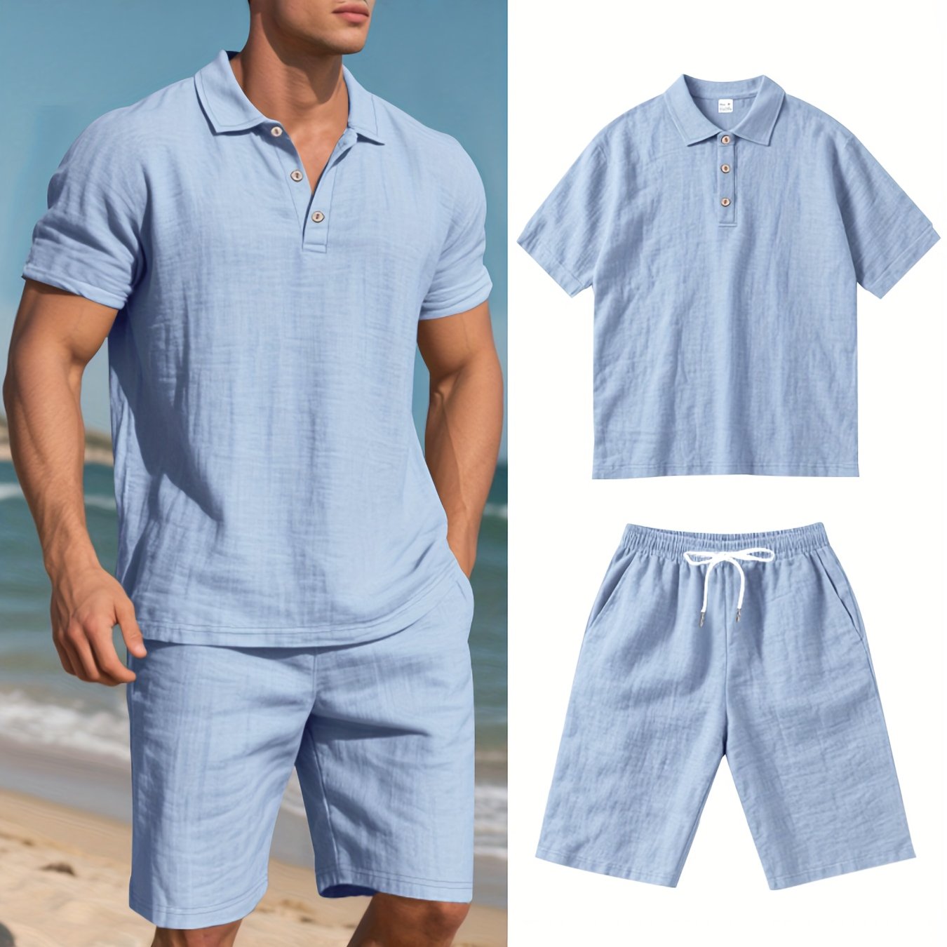 Herren Leinen Polo und Shorts Set – Bequem und Lässig für Warme Tage