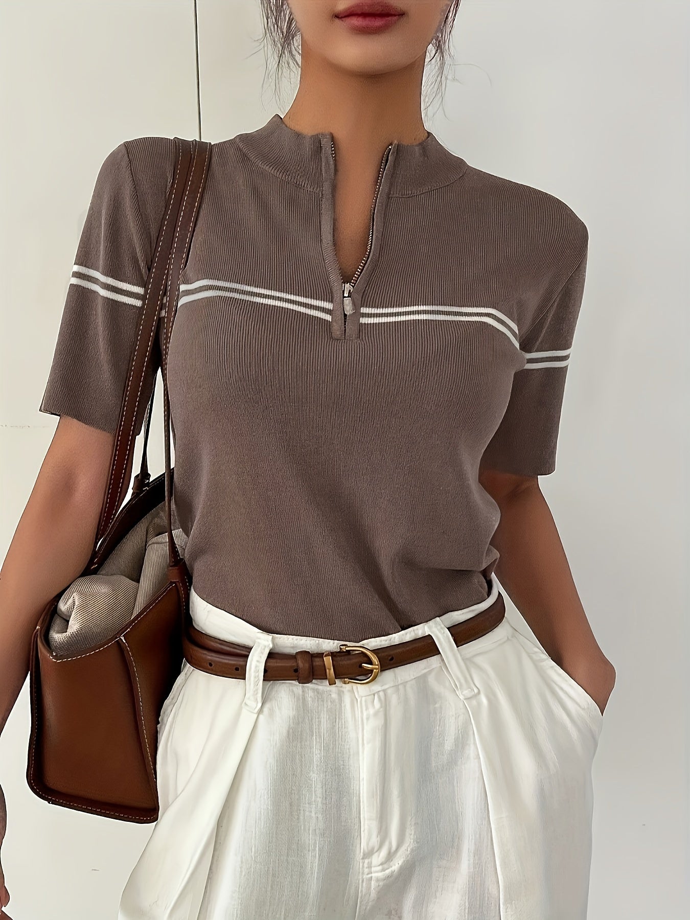 Damen Gestreiftes Polo-Shirt mit Reißverschlussdetail – Leichtes Sommer Casual Top