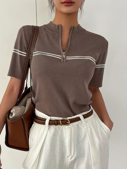 Damen Gestreiftes Polo-Shirt mit Reißverschlussdetail – Leichtes Sommer Casual Top