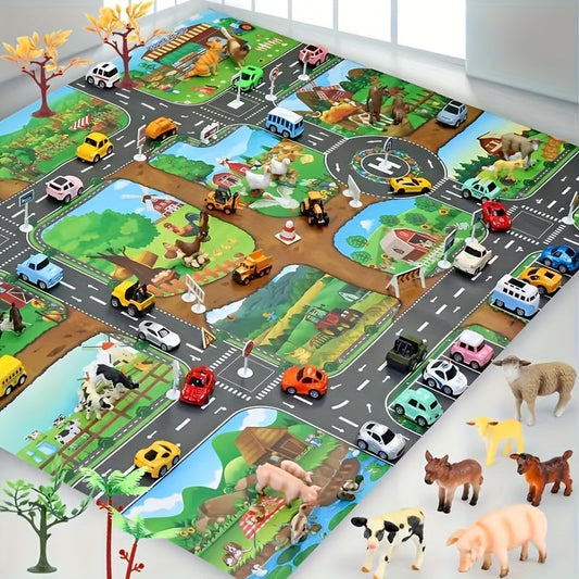 Interaktives Spielteppich-Abenteuer – Entdecke Bauernhof und Verkehr mit Spielzeug