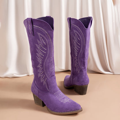 Damen Bestickte Cowboy-Stiefel mit Spitzennase und Mittelabsätzen