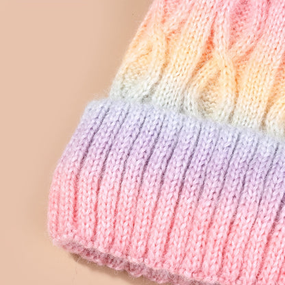 Lana Regenbogen Beanie für Mädchen – Strickmütze mit Pompon und dickem Material für den Winter