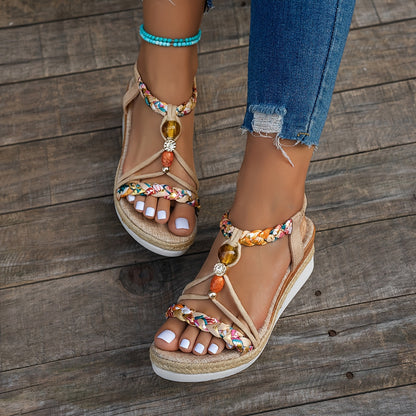 Bohemian handgewebte Jute Wedge Sandalen mit Blumen, Perlen und verstellbarem Knöchelriemen