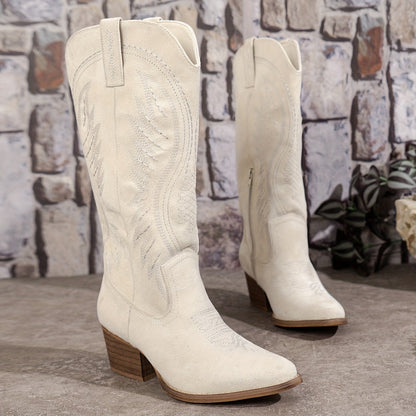 Damen Bestickte Cowboy-Stiefel mit Spitzennase und Mittelabsätzen