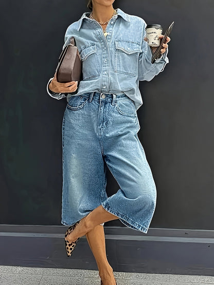 Plus Size Hochtaillierte Stretch-Denim-Shorts – Lässige Weite Sommerhose mit Taschen