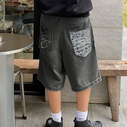 Lässige Bermuda-Denim-Shorts – Lockere Passform mit Stilvollen Blumenstickereien