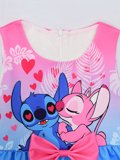 Disney Stitch Mädchen Ärmelloses Rundhalskleid mit Schleife & Blumenmuster - Leichter Polyester-Spandex
