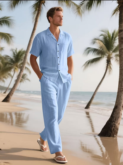 Herren Casual Leinen Set – Bequem und Luftig mit Langer Hose und Kurzen Ärmeln