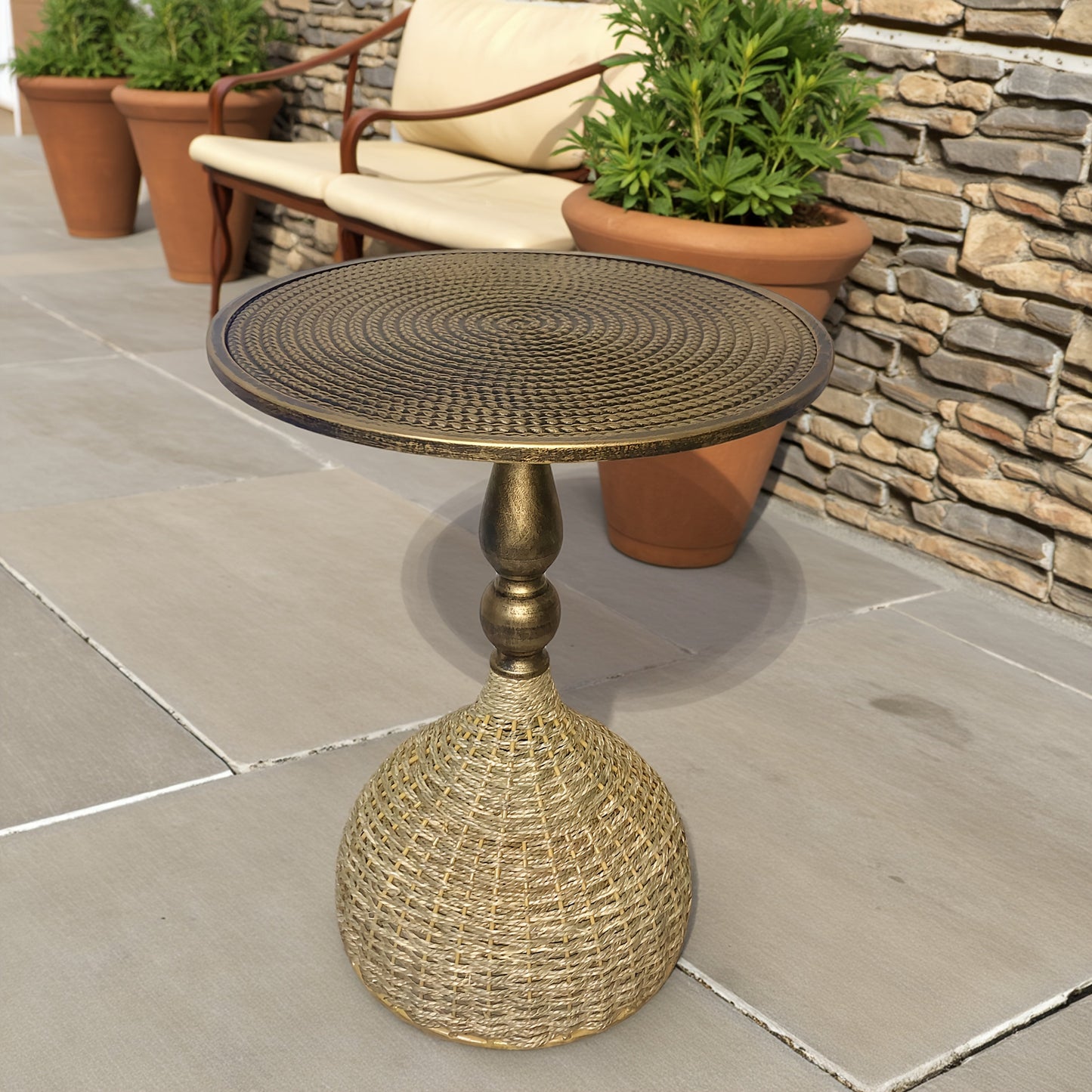 Handgefertigter Wassergras-Couchtisch – Antike Bronzeoptik