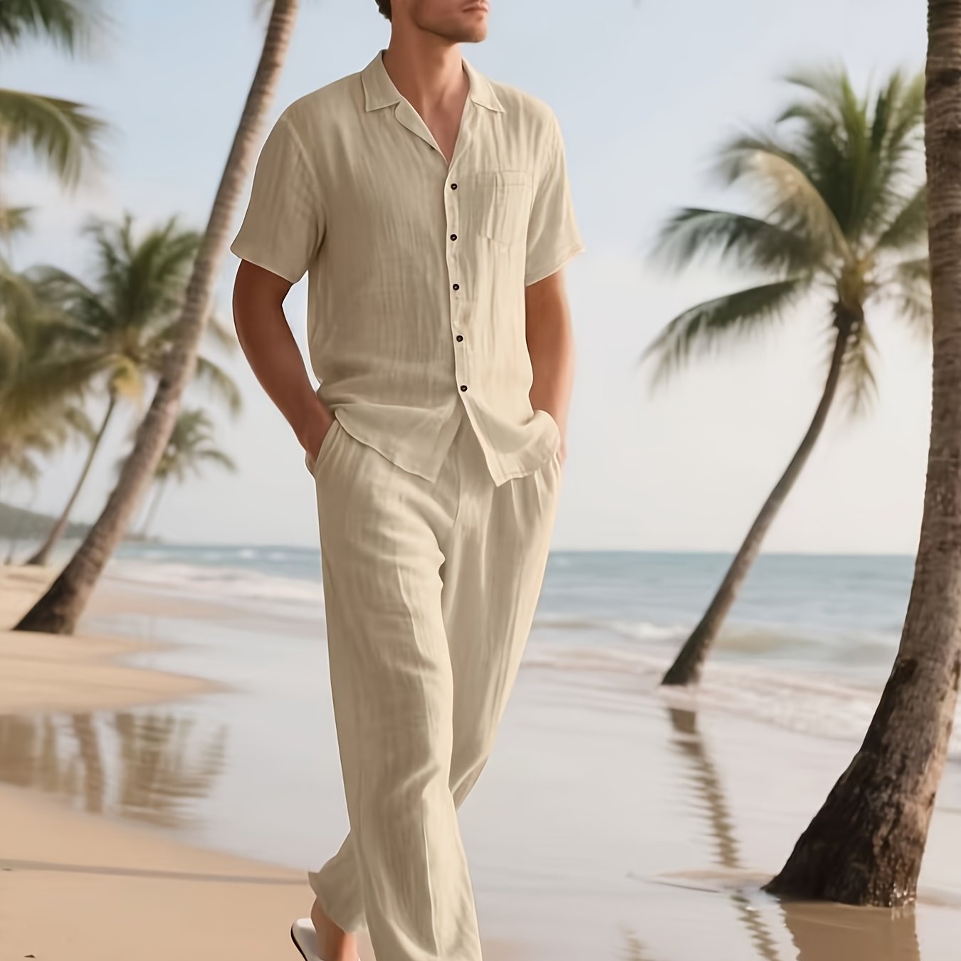 Herren Casual Leinen Set – Bequem und Luftig mit Langer Hose und Kurzen Ärmeln