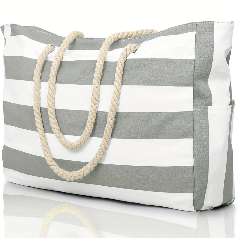 Gestreifte Strandtasche mit großem Fassungsvermögen – Langlebiges Polyester mit Reißverschluss