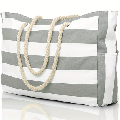 Gestreifte Strandtasche mit großem Fassungsvermögen – Langlebiges Polyester mit Reißverschluss