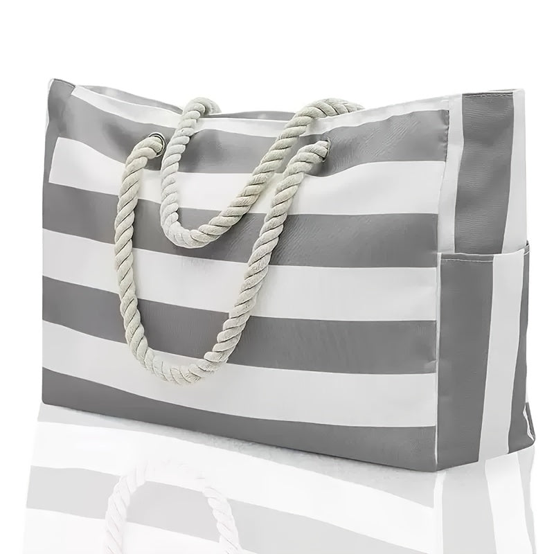 Gestreifte Strandtasche mit großem Fassungsvermögen – Langlebiges Polyester mit Reißverschluss
