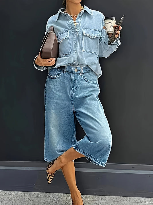 Plus Size Hochtaillierte Stretch-Denim-Shorts – Lässige Weite Sommerhose mit Taschen