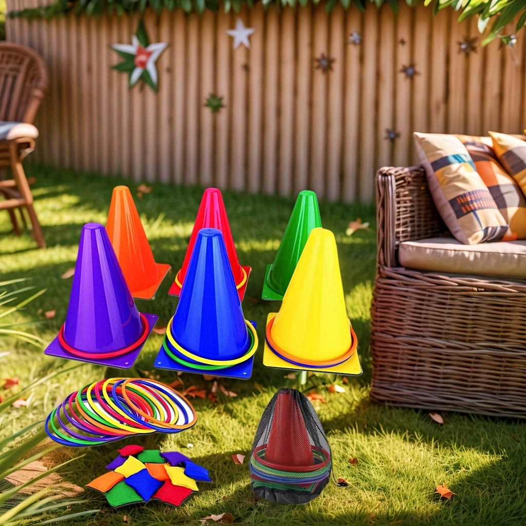 Buntes Ringwurf-Set – Kegel, Ringe und Stoffbeutel für Familienspaß