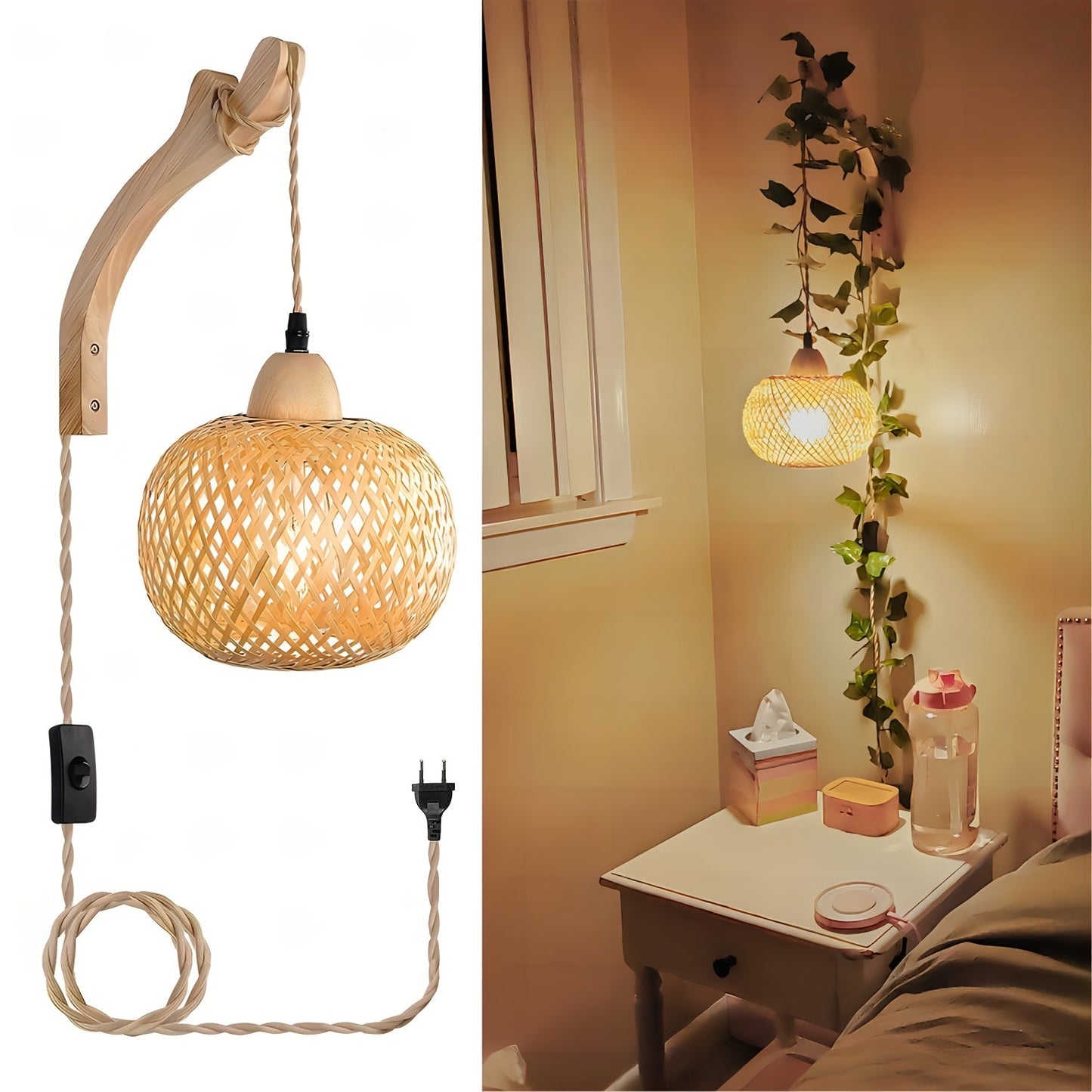 Rustikale Bambus Wandleuchte – Geflochtener Schirm mit Vintage-Stil und Stecker