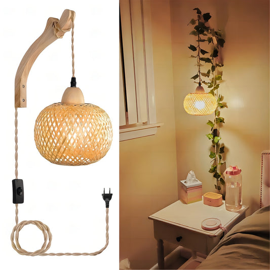Rustikale Bambus Wandleuchte – Geflochtener Schirm mit Vintage-Stil und Stecker