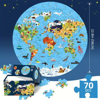 70-teiliges Tierbodenpuzzle – Rundes Weltkarten-Design für Kinder
