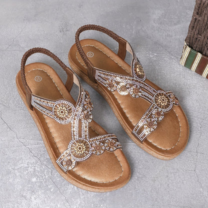 Damen Flache Sandalen mit Strasssteinen und Elastischem Band im Boho-Stil