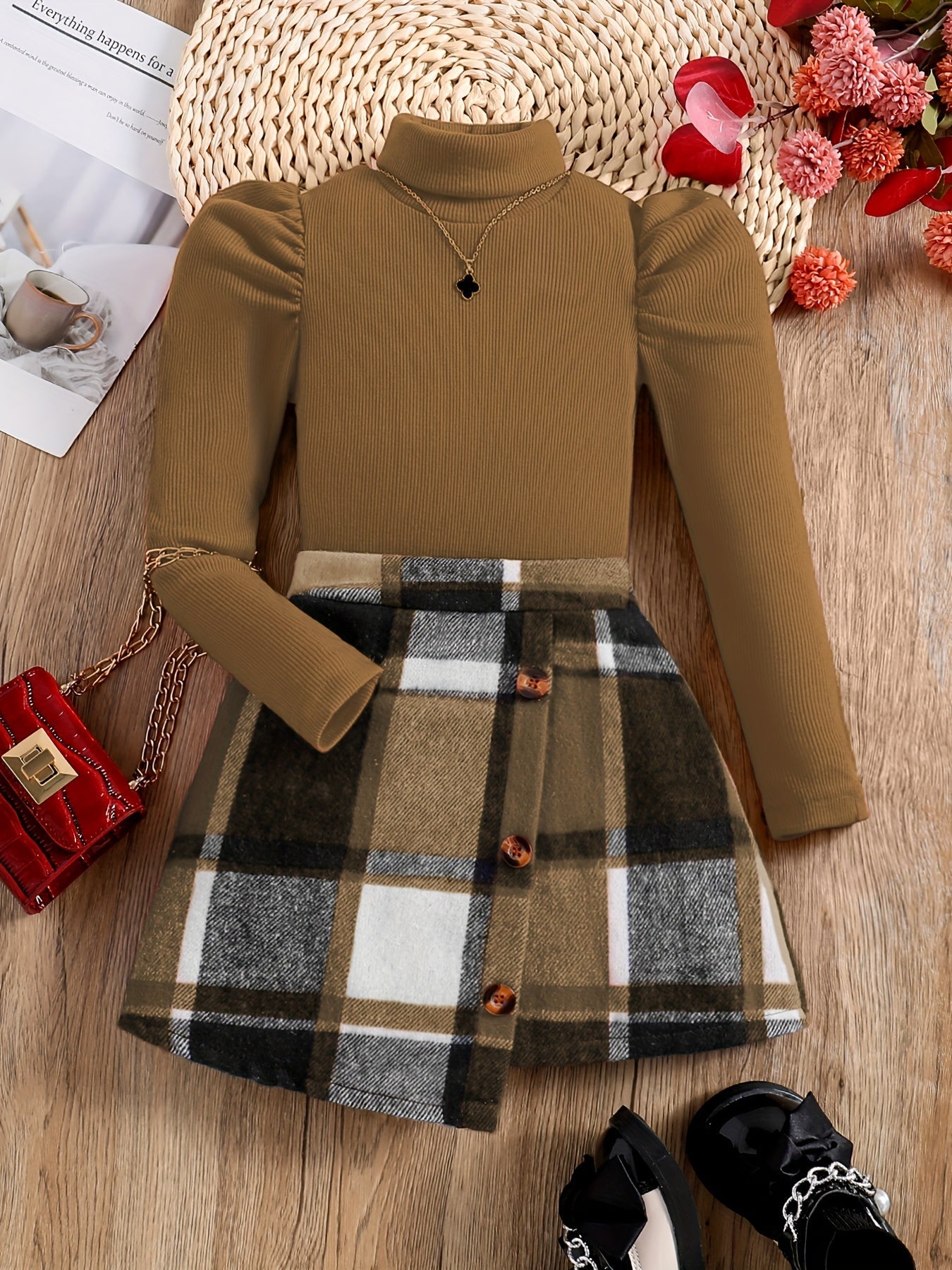 Elegantes Turtleneck Outfit für Kinder - Karorock und Pullover Set