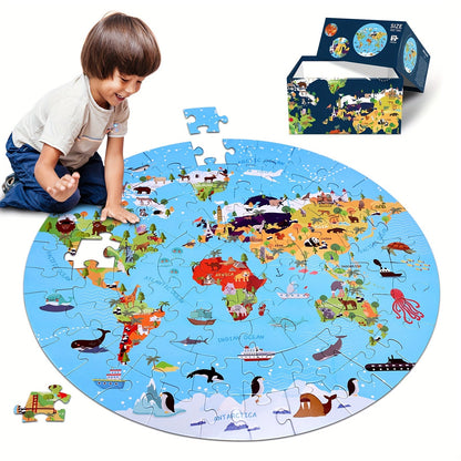 70-teiliges Tierbodenpuzzle – Rundes Weltkarten-Design für Kinder