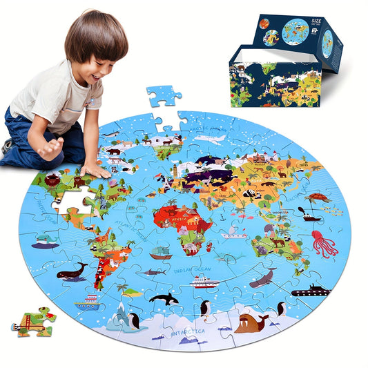 70-teiliges Tierbodenpuzzle – Rundes Weltkarten-Design für Kinder