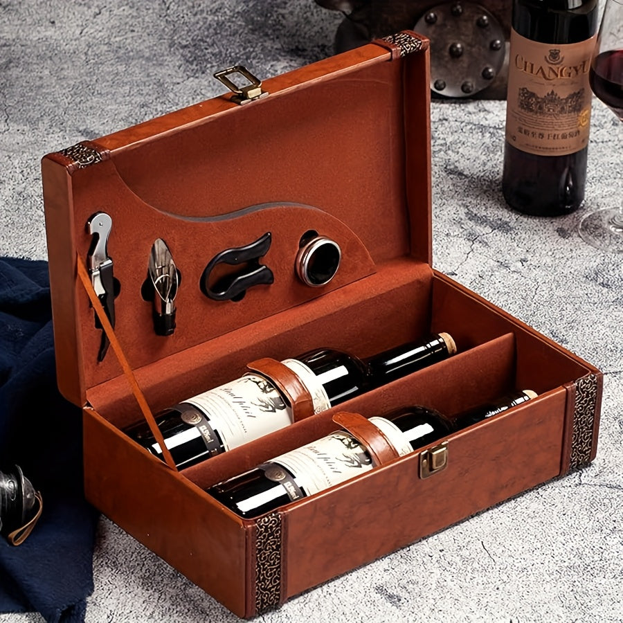 Klassischer 2-Flaschen-Weinträger mit Zubehör – Tragbare Geschenkbox