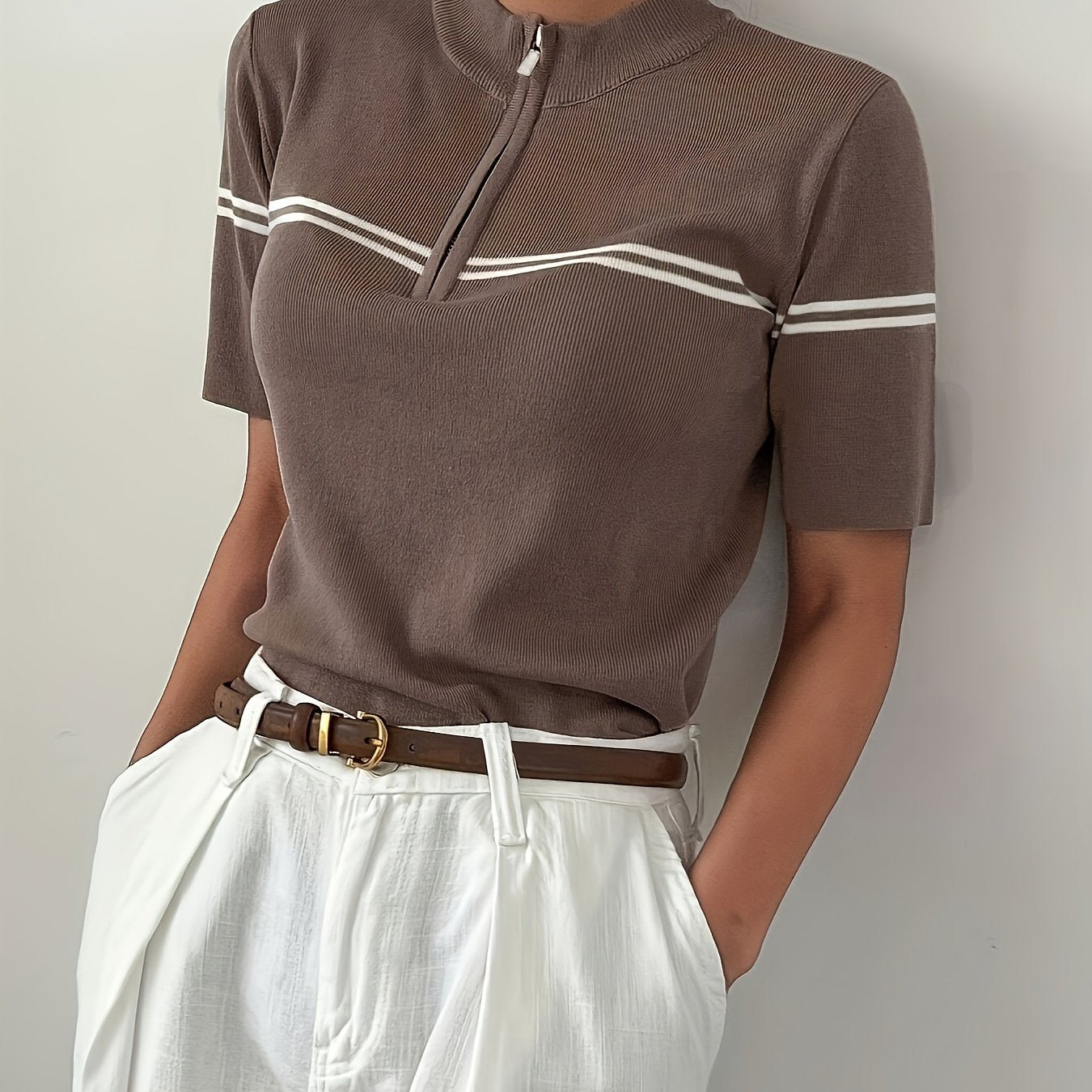 Damen Gestreiftes Polo-Shirt mit Reißverschlussdetail – Leichtes Sommer Casual Top