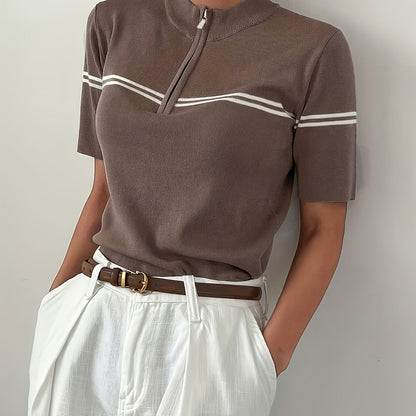 Damen Gestreiftes Polo-Shirt mit Reißverschlussdetail – Leichtes Sommer Casual Top