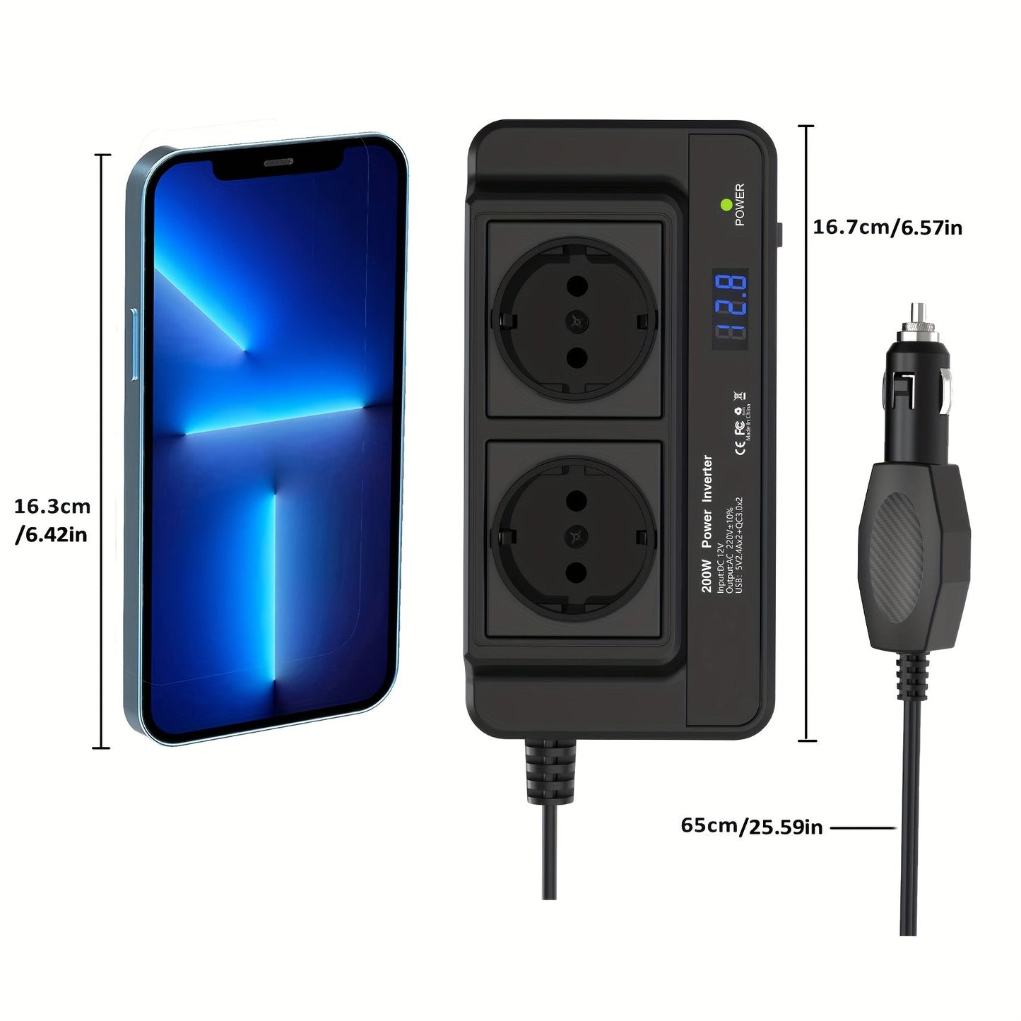 Kompakter 200W Auto-Stromwandler – Dual-Steckdosen & Quad USB