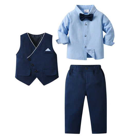Schickes Jungenanzug 3-teilig – Blaues Hemd, Weste und Hose mit Fliege