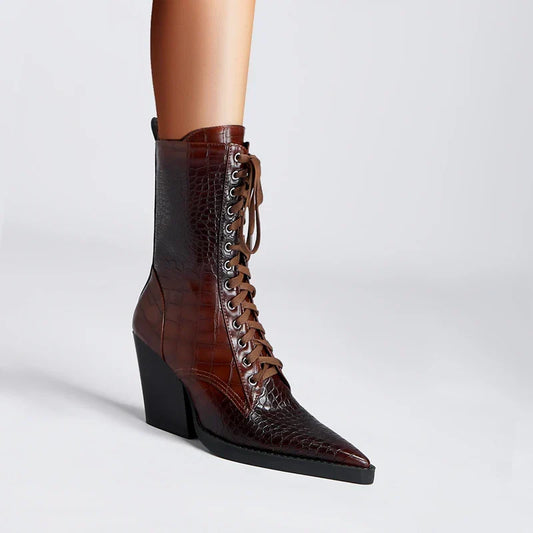 Damen Schnürstiefel mit Krokodilprägung – Western Stil mit Spitze