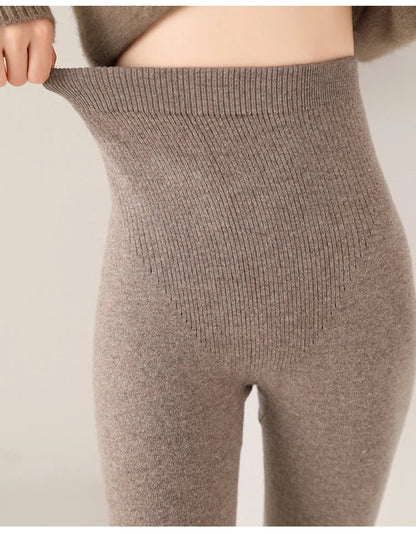 Strick-Kaschmir-Leggings mit Hoher Taille – Feinstrick Damenleggings in Neutralen Farbtönen