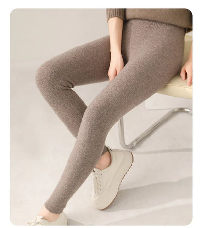 Strick-Kaschmir-Leggings mit Hoher Taille – Feinstrick Damenleggings in Neutralen Farbtönen