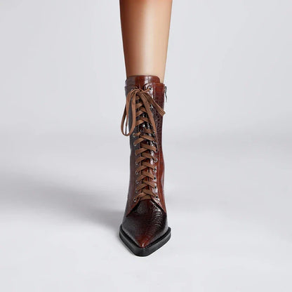 Damen Schnürstiefel mit Krokodilprägung – Western Stil mit Spitze