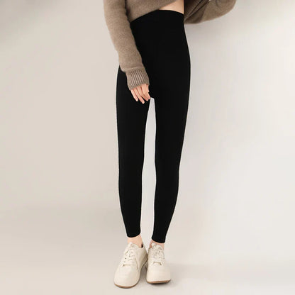 Strick-Kaschmir-Leggings mit Hoher Taille – Feinstrick Damenleggings in Neutralen Farbtönen